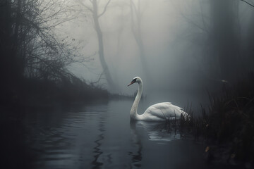 the white swan swims in the fog, generative ai