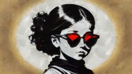 Fashion Illustration of a beautiful girl with sunglasses. Digital painting. Real paint brush strokes texture