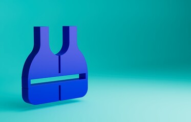 Blue Life jacket icon isolated on blue background. Life vest icon. Extreme sport. Sport equipment. Minimalism concept. 3D render illustration