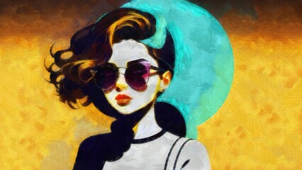 Beautiful girl with long hair in sunglasses. Oil painting on canvas realistic imitation, real brush strokes effect, illustration.