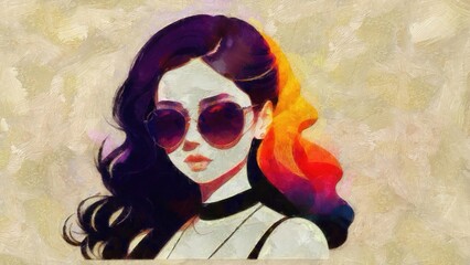 Beautiful girl with long hair in sunglasses. Oil painting on canvas realistic imitation, real brush strokes effect, illustration.