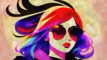 Beautiful girl with long hair in sunglasses. Oil painting on canvas realistic imitation, real brush strokes effect, illustration.