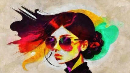 Beautiful girl with long hair in sunglasses. Oil painting on canvas realistic imitation, real brush strokes effect, illustration.