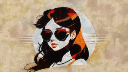 Beautiful girl with long hair in sunglasses. Oil painting on canvas realistic imitation, real brush strokes effect, illustration.