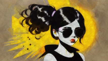 Beautiful girl with long hair in sunglasses. Oil painting on canvas realistic imitation, real brush strokes effect, illustration.