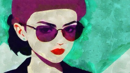 Beautiful girl with long hair in sunglasses. Oil painting on canvas realistic imitation, real brush strokes effect, illustration.