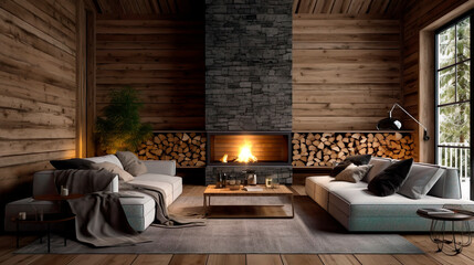 cozy living room in the chalet, wood trim, fireplace, ai generated