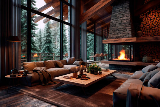 The interior is a cozy living room with wood and stone trim, a lighted fireplace, beige furniture, panoramic windows in a chalet located in the forest