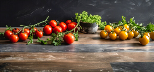 tomatoes and herbs on the wooden surface