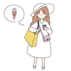 ショッピングしながらコーヒー片手にスマホで検索しながら次はアイスクリームを食べたい女の子
