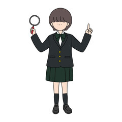 虫眼鏡を持って説明する制服の女の子