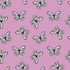 Seamless pattern with funny colorful Butterflies, flowers. Color flat vector illustration for invitation, poster, card, textile, fabric. Butterfly graphic design print. Trendy animal motif wallpaper