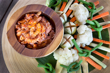 Spicy shrimp plate(nam prilk goong seab) with boiled assort vegetables