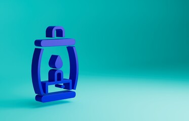 Blue Camping lantern icon isolated on blue background. Happy Halloween party. Minimalism concept. 3D render illustration