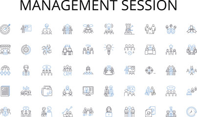 Management session line icons collection. Discussion, Appointment, Assembly, Conference, Conclave, Encounter, Rendezvous vector and linear illustration. Summit,Consultation,Session outline signs set