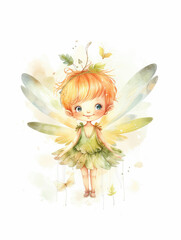 Watercolor Cute Fairy Cartoon Nursery Illustration Isolated on White Background. Colorful Digital Animal Art for Kids
