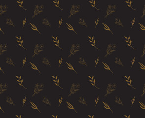 Fototapeta premium Golden Seamless Floral and Leafy Botanical Pattern on Dark background