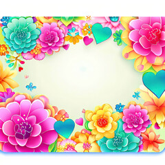 a gift card with colorful floral and sweet hearts ,center blank with Generative AI.