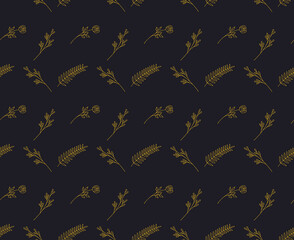 Golden Seamless Floral and Leafy Botanical Pattern on Dark background