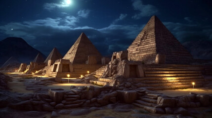 Ancient Places Backgrounds. Pyramids under Night Sky. AI Generative