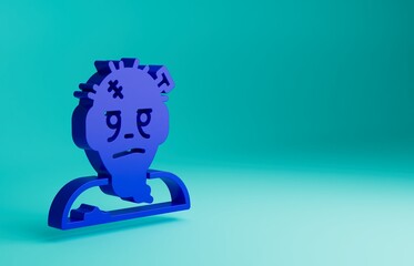 Blue Zombie mask icon isolated on blue background. Happy Halloween party. Minimalism concept. 3D render illustration