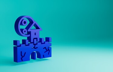 Blue Castle icon isolated on blue background. Medieval fortress with a tower. Protection from enemies. Reliability and defense of the city. Minimalism concept. 3D render illustration