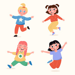 Set of happy children girls standing in different poses, jumping in flat style
