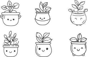 Cute Pot plant vector line art set 