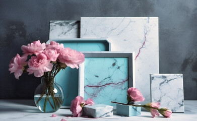 a frame with pink flowers on white tabletop