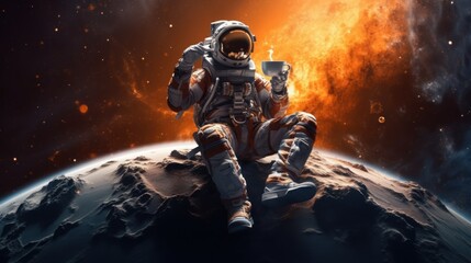 Obraz na płótnie Canvas Cosmic Coffee: An Astronaut's Energizing Break in Zero Gravity, generative ai
