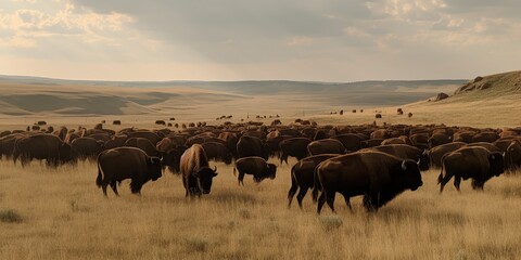 A herd of bison grazing in a vast, open field, concept of Nature conservation, created with Generative AI technology - obrazy, fototapety, plakaty