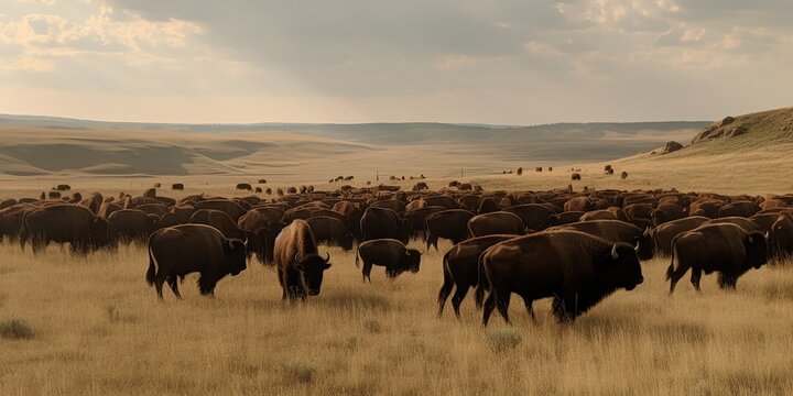 A herd of bison grazing in a vast, open field, concept of Nature conservation, created with Generative AI technology