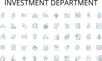 Investment department line icons collection. Organizing, Planning, Arranging, Prepping, Ready, Gathering, Stocking vector and linear illustration. Assembling,Equipping,Positioning outline signs set