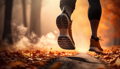 Start of runner running in autum forest and park to success and goal concept, AI generative