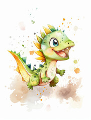 Watercolor Cute Green Dinosaur Cartoon Nursery Illustration Isolated on White Background. Colorful Digital Animal Art for Kids