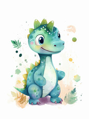 Watercolor Cute Green Dinosaur Cartoon Nursery Illustration Isolated on White Background. Colorful Digital Animal Art for Kids