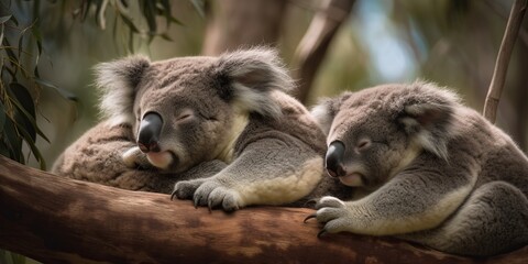 Fototapeta premium A family of koalas sleeping in the branches of a eucalyptus tree, concept of climbing behavior, created with Generative AI technology