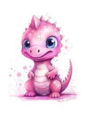 Watercolor Cute Pink Dinosaur Cartoon Nursery Illustration Isolated on White Background. Colorful Digital Animal Art for Kids