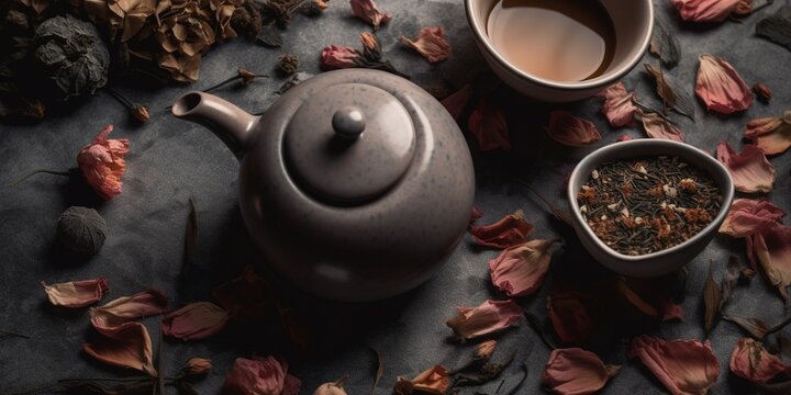 Top view of ceramic teapot and cup of hot drink placed on table near dried flowers in vase and stone with floral petals With Generative AI technology