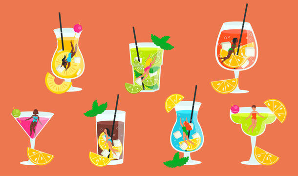 Set of glasses with delicious cold drinks. Inside them swim different girls in swimsuits. Vector graphic.