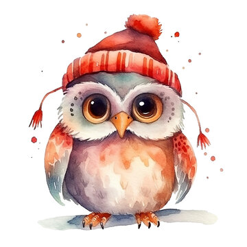 Watercolor cute christmas owl in hat isolated on white background.