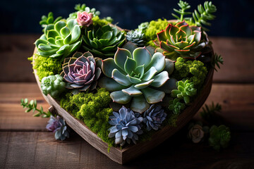 Unique Mother's Day arrangement featuring succulent plants in a heart - shaped planter, placed on a rustic wooden surface.