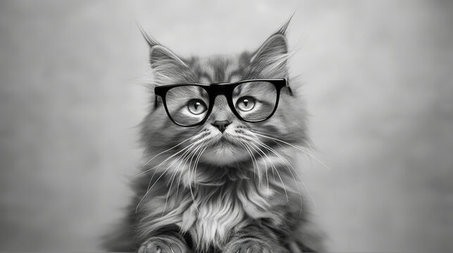 Portrait of a cat with glasses, photo in b&w. Generative AI.