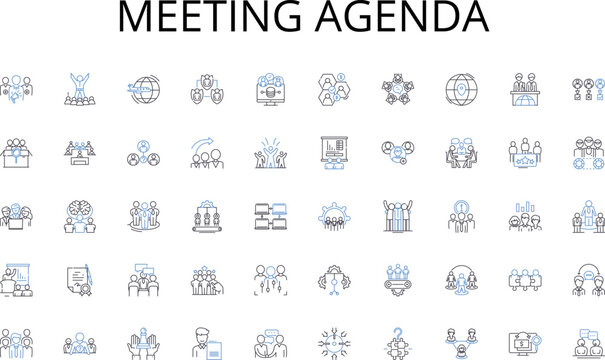 Meeting agenda line icons collection. Agreement, Clauses, Conveyance, Promises, Terms, Commitments, Obligations vector and linear illustration. Stipulations,Legalities,Deeds outline signs set