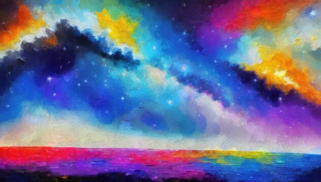 Colorful night sky with stars over the lake. Digital painting.