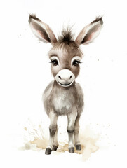 Fototapeta na wymiar Watercolor Cute Donkey Cartoon Nursery Illustration Isolated on White Background. Colorful Digital Animal Art for Kids