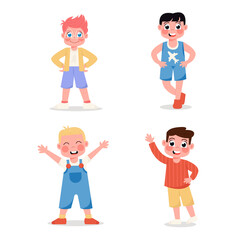 Set of happy children boys standing in different poses in flat style