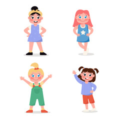 Set of happy children girls standing in different poses in flat style