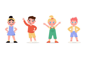 Set of happy children girls and boys standing in different poses in flat style