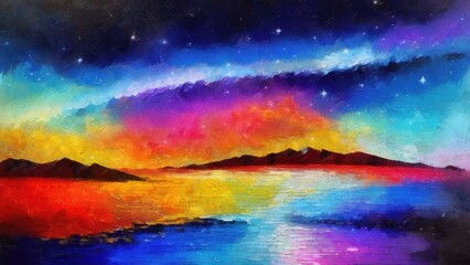 Colorful night sky with stars over the lake. Digital painting.